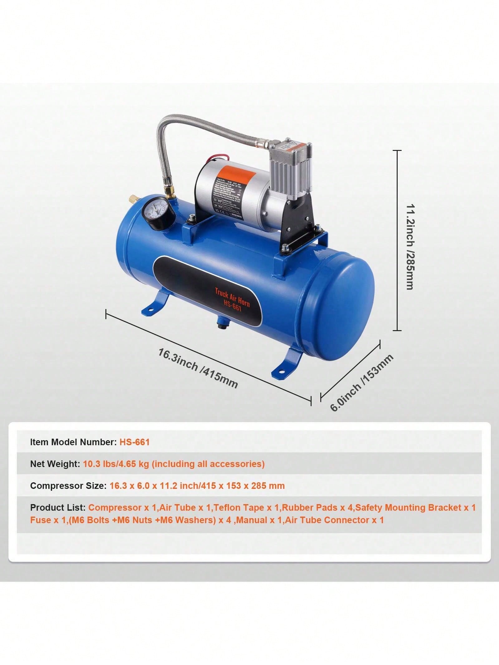 12V Air Compressor With Tank 1.6 Gallon/6 L, Train Horn Air Compressor, 120 Psi Working Pressure Onboard Air Compressor System For Train Air Horns, Inflating Tires, Air Mattresses