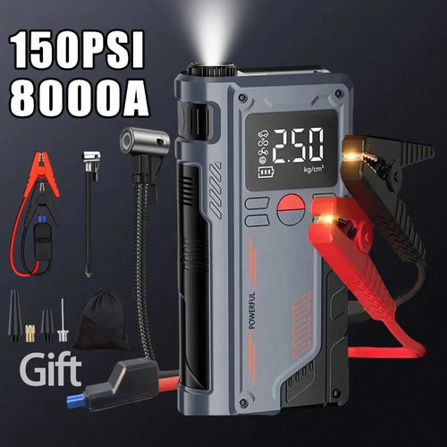 12V Portable 2-In-1 Car Emergency Device: Jump Starter + Air Pump- 150PSI Inflation,-40°C Operation, Fits Most Vehicles