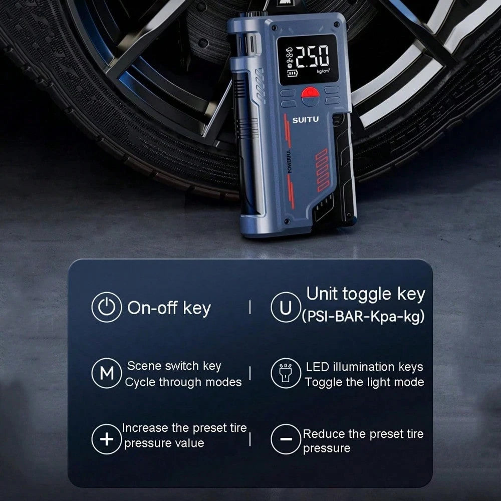 12V Portable 2-In-1 Car Emergency Device: Jump Starter + Air Pump- 150PSI Inflation,-40°C Operation, Fits Most Vehicles