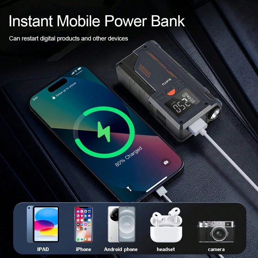 12V Portable 2-In-1 Car Emergency Device: Jump Starter + Air Pump- 150PSI Inflation,-40°C Operation, Fits Most Vehicles