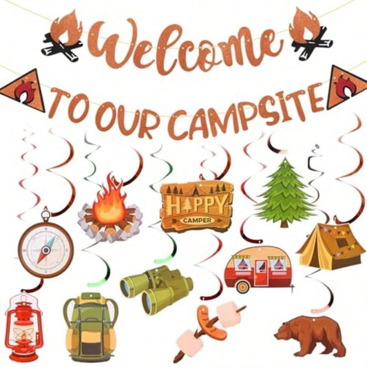 13Pcs Camping Themed Party Decorations Set, Pre-Strung Glitter Welcome To Our Campsite Banner Camping Adventure Hanging Swirls Decorations For Summer Camp Decor
