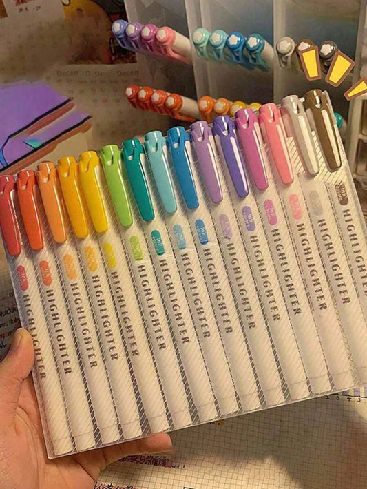 15 Colors Fluorescent Marker Set, Soft Water-Based Dual-Tip Markers, Highlighters, Pens, Drawing, Notebook, Diary, Student Stationery, Back To School