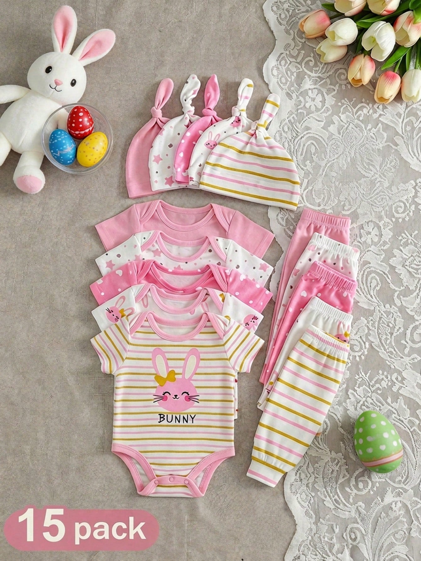 15pcs/Set Newborn Baby Girl Clothes Pack,Brown And White Polka Dot,Summer,Cute,Family Matching Knitted Rainbow Strawberry Jumpsuit,Hat,Mittens,Easter