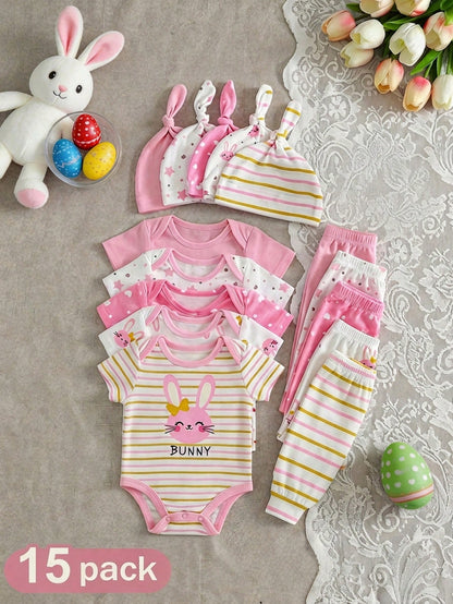 15pcs/Set Newborn Baby Girl Clothes Pack,Brown And White Polka Dot,Summer,Cute,Family Matching Knitted Rainbow Strawberry Jumpsuit,Hat,Mittens,Easter