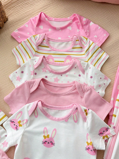 15pcs/Set Newborn Baby Girl Clothes Pack,Brown And White Polka Dot,Summer,Cute,Family Matching Knitted Rainbow Strawberry Jumpsuit,Hat,Mittens,Easter