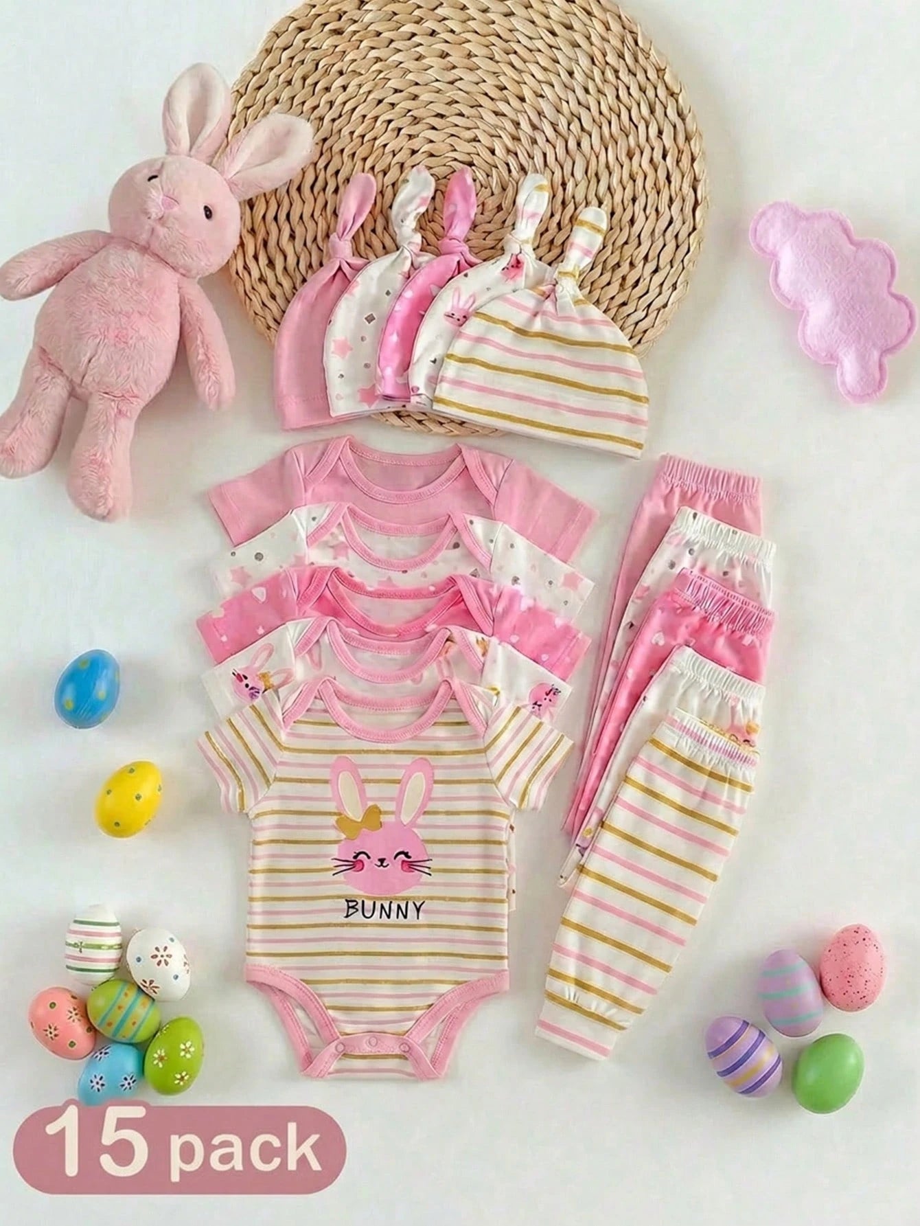 15pcs/Set Newborn Baby Girl Clothes Pack,Brown And White Polka Dot,Summer,Cute,Family Matching Knitted Rainbow Strawberry Jumpsuit,Hat,Mittens,Easter