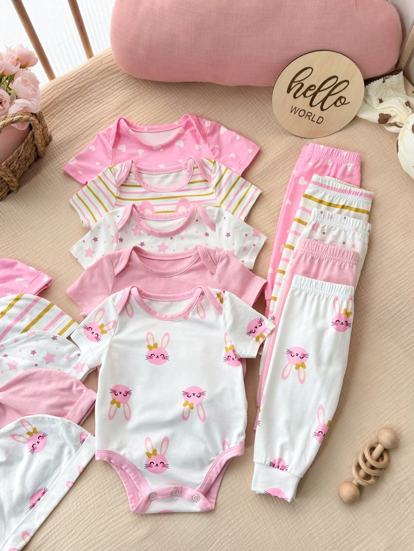 15pcs/Set Newborn Baby Girl Clothes Pack,Brown And White Polka Dot,Summer,Cute,Family Matching Knitted Rainbow Strawberry Jumpsuit,Hat,Mittens,Easter