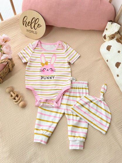 15pcs/Set Newborn Baby Girl Clothes Pack,Brown And White Polka Dot,Summer,Cute,Family Matching Knitted Rainbow Strawberry Jumpsuit,Hat,Mittens,Easter