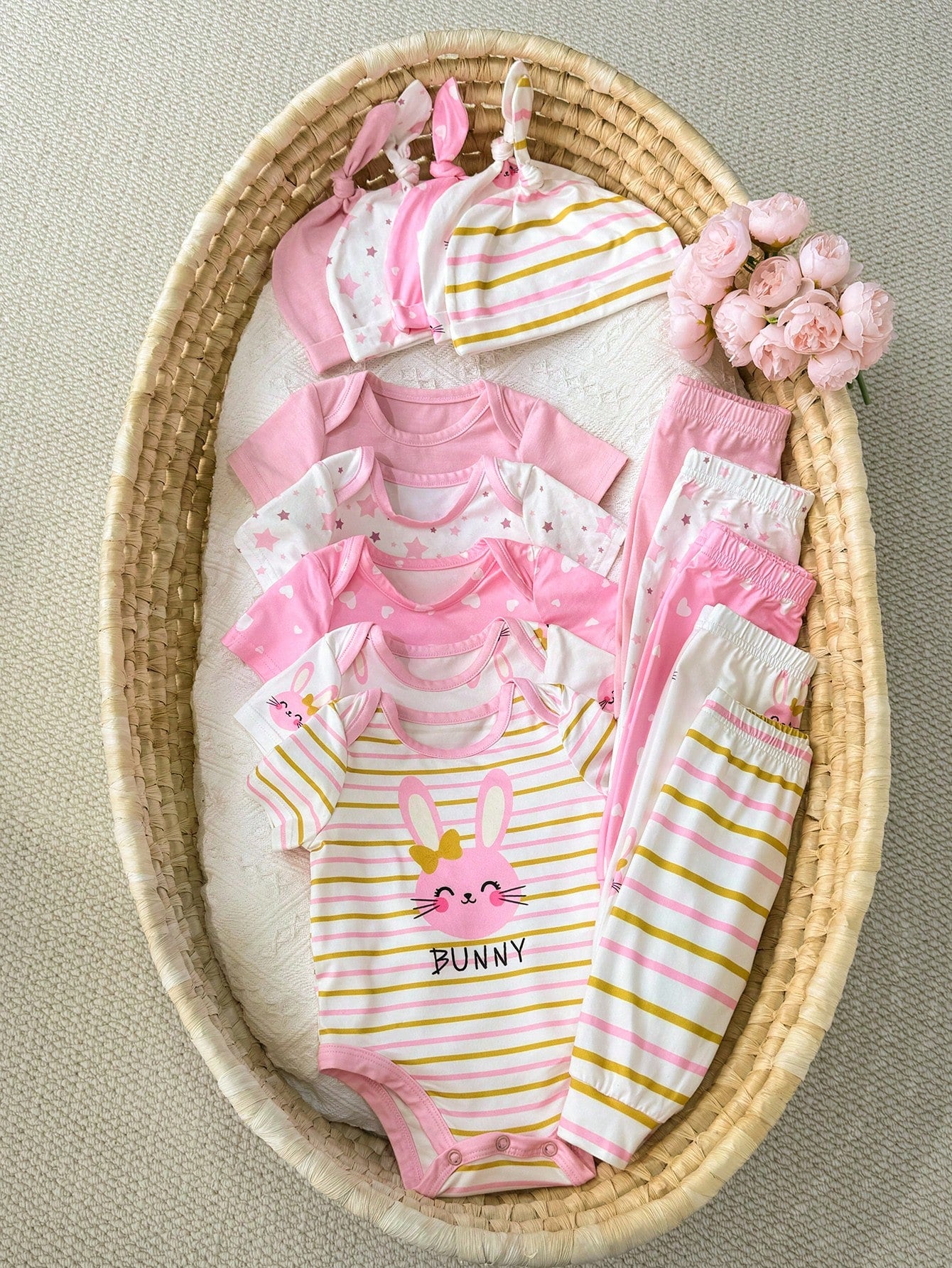 15pcs/Set Newborn Baby Girl Clothes Pack,Brown And White Polka Dot,Summer,Cute,Family Matching Knitted Rainbow Strawberry Jumpsuit,Hat,Mittens,Easter