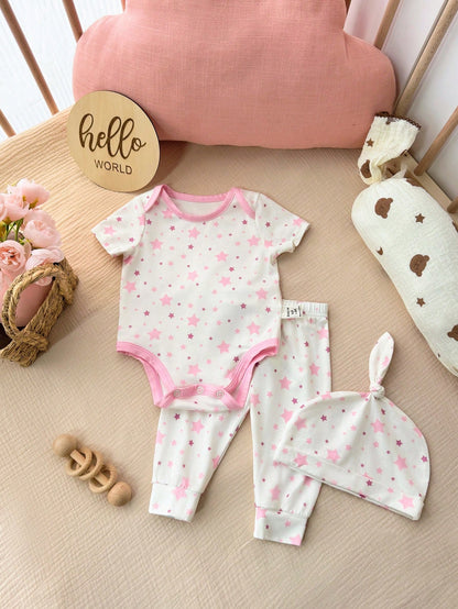 15pcs/Set Newborn Baby Girl Clothes Pack,Brown And White Polka Dot,Summer,Cute,Family Matching Knitted Rainbow Strawberry Jumpsuit,Hat,Mittens,Easter