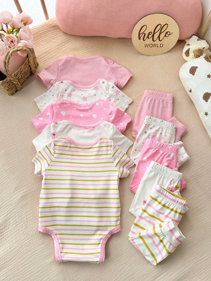 15pcs/Set Newborn Baby Girl Clothes Pack,Brown And White Polka Dot,Summer,Cute,Family Matching Knitted Rainbow Strawberry Jumpsuit,Hat,Mittens,Easter