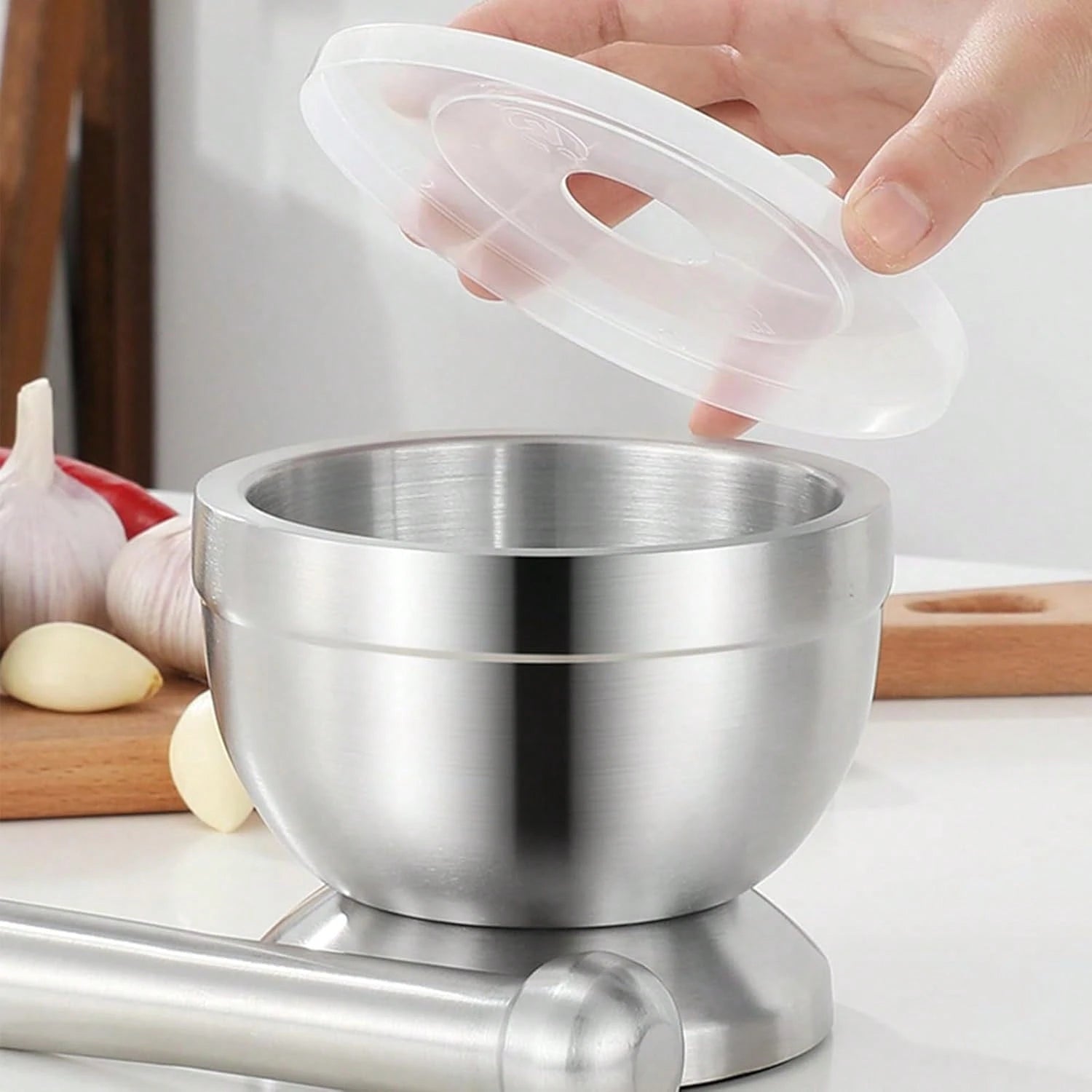 18/8 Stainless Steel Mortar And Pestle Set For Grinding Spices, Crushing Pills, And Pulverizing Herbs, With Italian Pesto Bowl, 1.5-Cup Capacity (350 Ml)