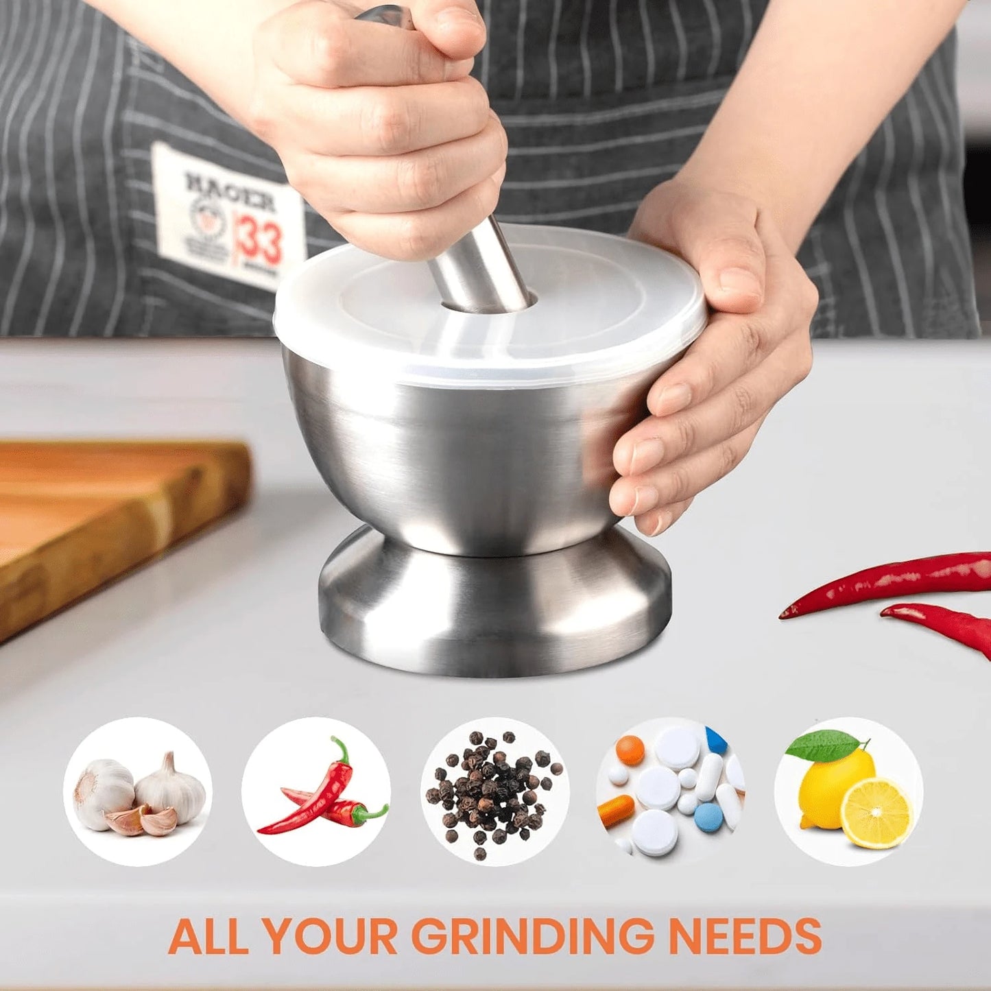18/8 Stainless Steel Mortar And Pestle Set For Grinding Spices, Crushing Pills, And Pulverizing Herbs, With Italian Pesto Bowl, 1.5-Cup Capacity (350 Ml)