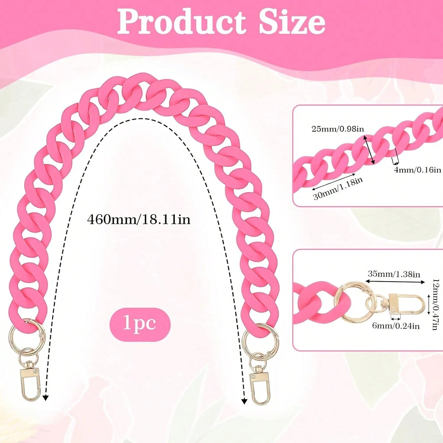 18 Inch Pink Purse Chain, Fashionable Handbag Chain Straps Acrylic Purse Chain Strap Decorative Cute Flat Straps Replacement Chains With Buckles For Handbag Purse Shoulder Bag
