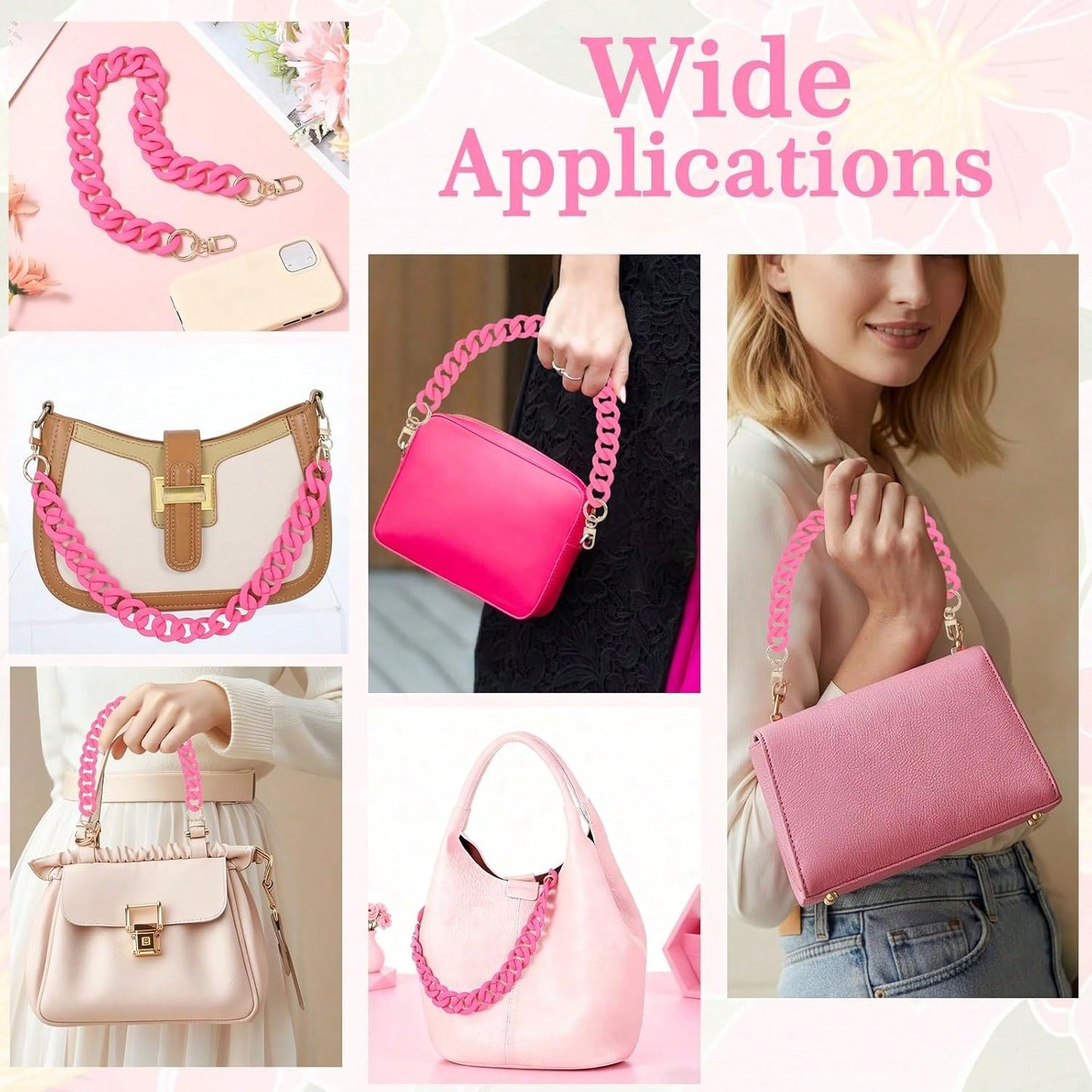 18 Inch Pink Purse Chain, Fashionable Handbag Chain Straps Acrylic Purse Chain Strap Decorative Cute Flat Straps Replacement Chains With Buckles For Handbag Purse Shoulder Bag