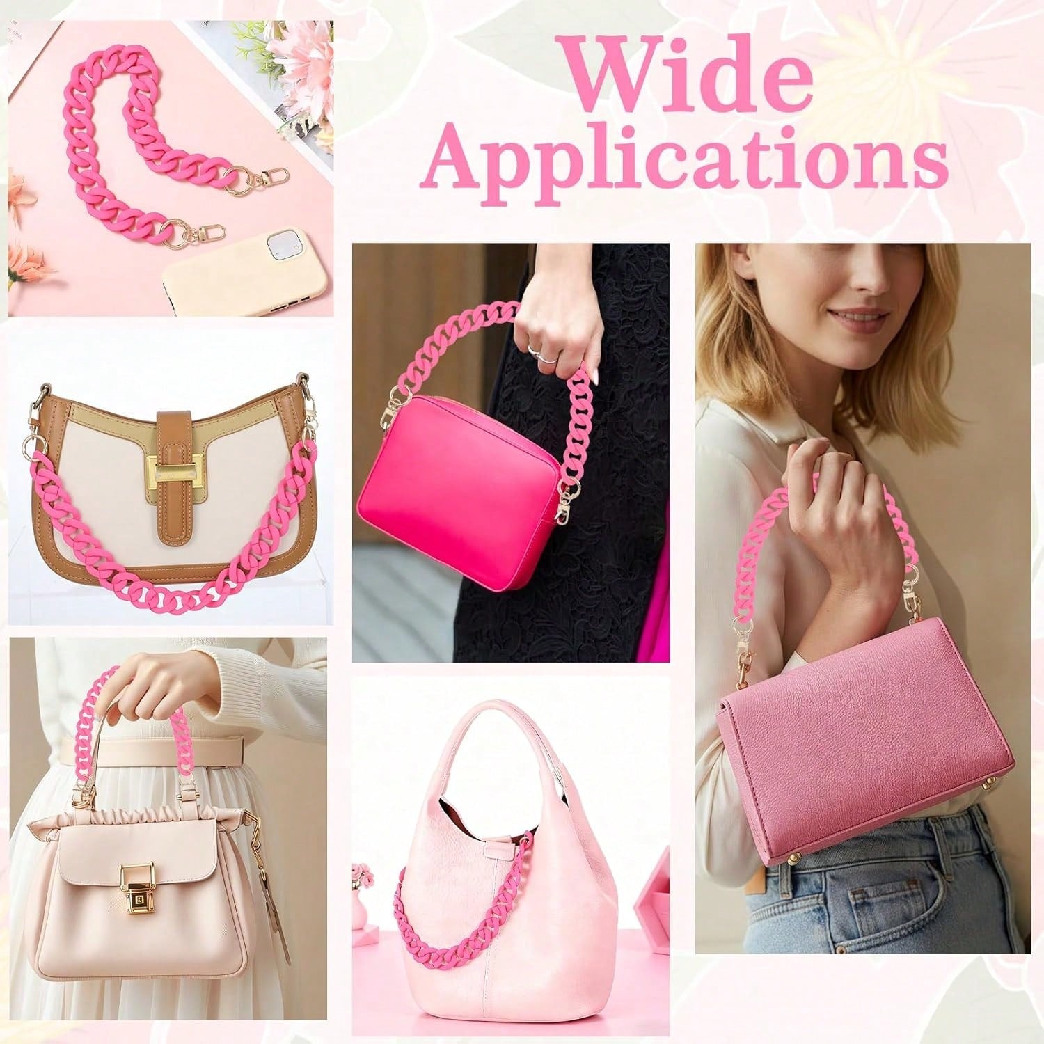 18 Inch Pink Purse Chain, Fashionable Handbag Chain Straps Acrylic Purse Chain Strap Decorative Cute Flat Straps Replacement Chains With Buckles For Handbag Purse Shoulder Bag