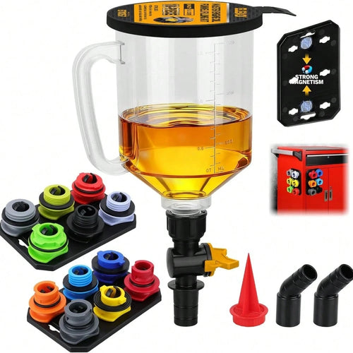 18-Piece Engine Oil Funnel Kit, 1.59QT/1.5L Automotive Oil Funnel Set With 12 Adapters, Elbow Fitting, Arrow Screen And Magnetic Storage Hooks Tray, Compatible With GM, Audi, Land Rover Etc