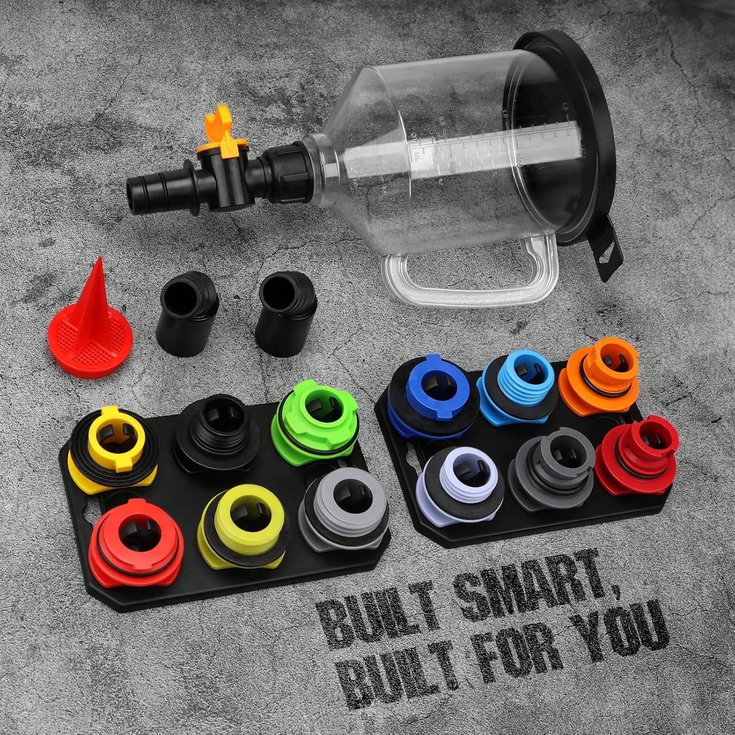 18-Piece Engine Oil Funnel Kit, 1.59QT/1.5L Automotive Oil Funnel Set With 12 Adapters, Elbow Fitting, Arrow Screen And Magnetic Storage Hooks Tray, Compatible With GM, Audi, Land Rover Etc