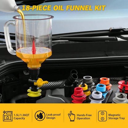 18-Piece Engine Oil Funnel Kit, 1.59QT/1.5L Automotive Oil Funnel Set With 12 Adapters, Elbow Fitting, Arrow Screen And Magnetic Storage Hooks Tray, Compatible With GM, Audi, Land Rover Etc