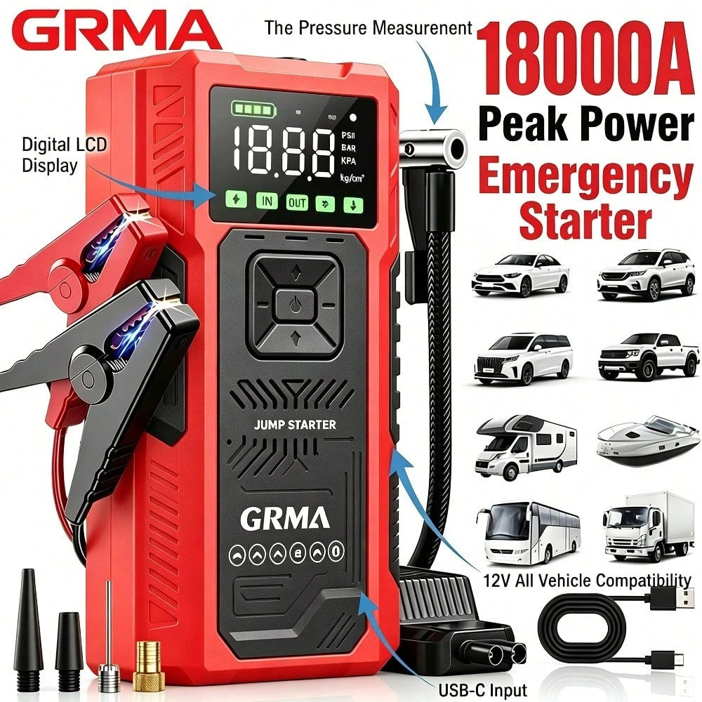 18000A Emergency Starting Power Supply, 12V Portable Car Emergency Starter, 200PSI Car Emergency Starting Power Supply With An Inflation Pump, Starting Power Supply Kit, Automotive Accessories Tools