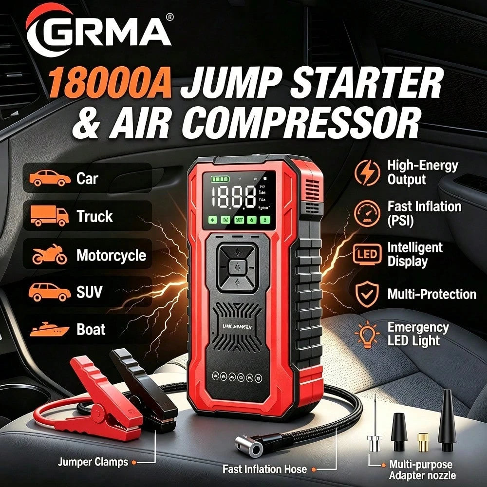 18000A Emergency Starting Power Supply, 12V Portable Car Emergency Starter, 200PSI Car Emergency Starting Power Supply With An Inflation Pump, Starting Power Supply Kit, Automotive Accessories Tools