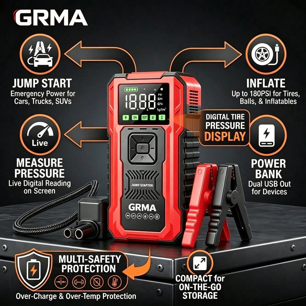 18000A Emergency Starting Power Supply, 12V Portable Car Emergency Starter, 200PSI Car Emergency Starting Power Supply With An Inflation Pump, Starting Power Supply Kit, Automotive Accessories Tools
