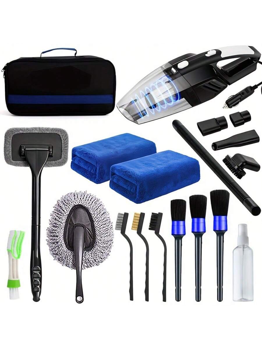 19 Piece Car Care Tools, High-Power Handheld Vacuum Cleaner, Cleaning And Car Wash Kit, Interior Cleaning Set. Available In Purple, Blue, And Purple.