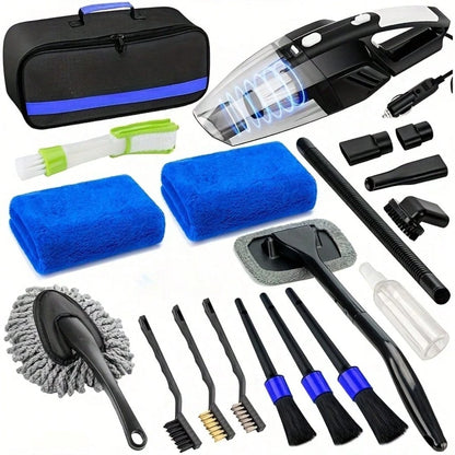 19-Piece Car Cleaning Set Including Interior Cleaning Tools, High-Power Handheld Vacuum, Brush Set, Windshield Tools, Duster, Towels, A Complete Car Care Kit
