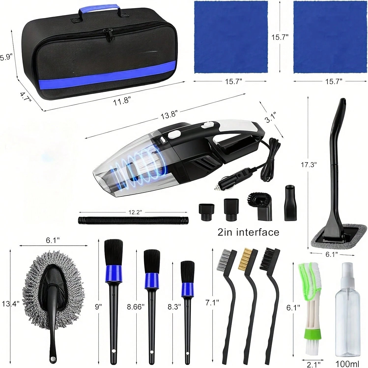 19-Piece Car Cleaning Set Including Interior Cleaning Tools, High-Power Handheld Vacuum, Brush Set, Windshield Tools, Duster, Towels, A Complete Car Care Kit