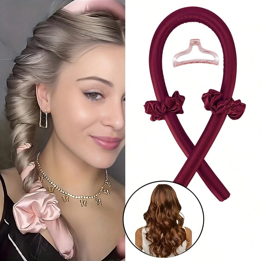 1Mcbki 1pc Burgundy Heatless Curling Rod, Reusable Hair Styling Tool, Ribbon Curling Rod With Hair Claw Clip, Slouchy Natural Soft Wave DIY Curler, Overnight Sleep Styling Tool, Ribbon Curling Headban
