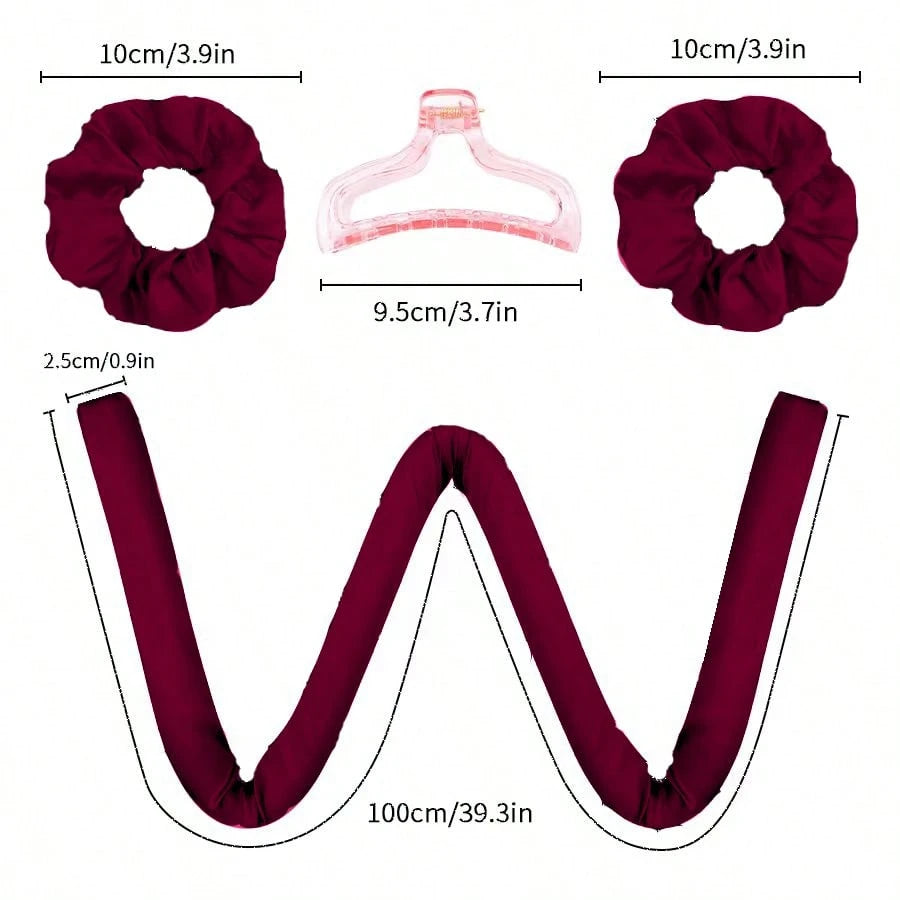 1Mcbki 1pc Burgundy Heatless Curling Rod, Reusable Hair Styling Tool, Ribbon Curling Rod With Hair Claw Clip, Slouchy Natural Soft Wave DIY Curler, Overnight Sleep Styling Tool, Ribbon Curling Headban