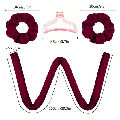 1Mcbki 1pc Burgundy Heatless Curling Rod, Reusable Hair Styling Tool, Ribbon Curling Rod With Hair Claw Clip, Slouchy Natural Soft Wave DIY Curler, Overnight Sleep Styling Tool, Ribbon Curling Headban