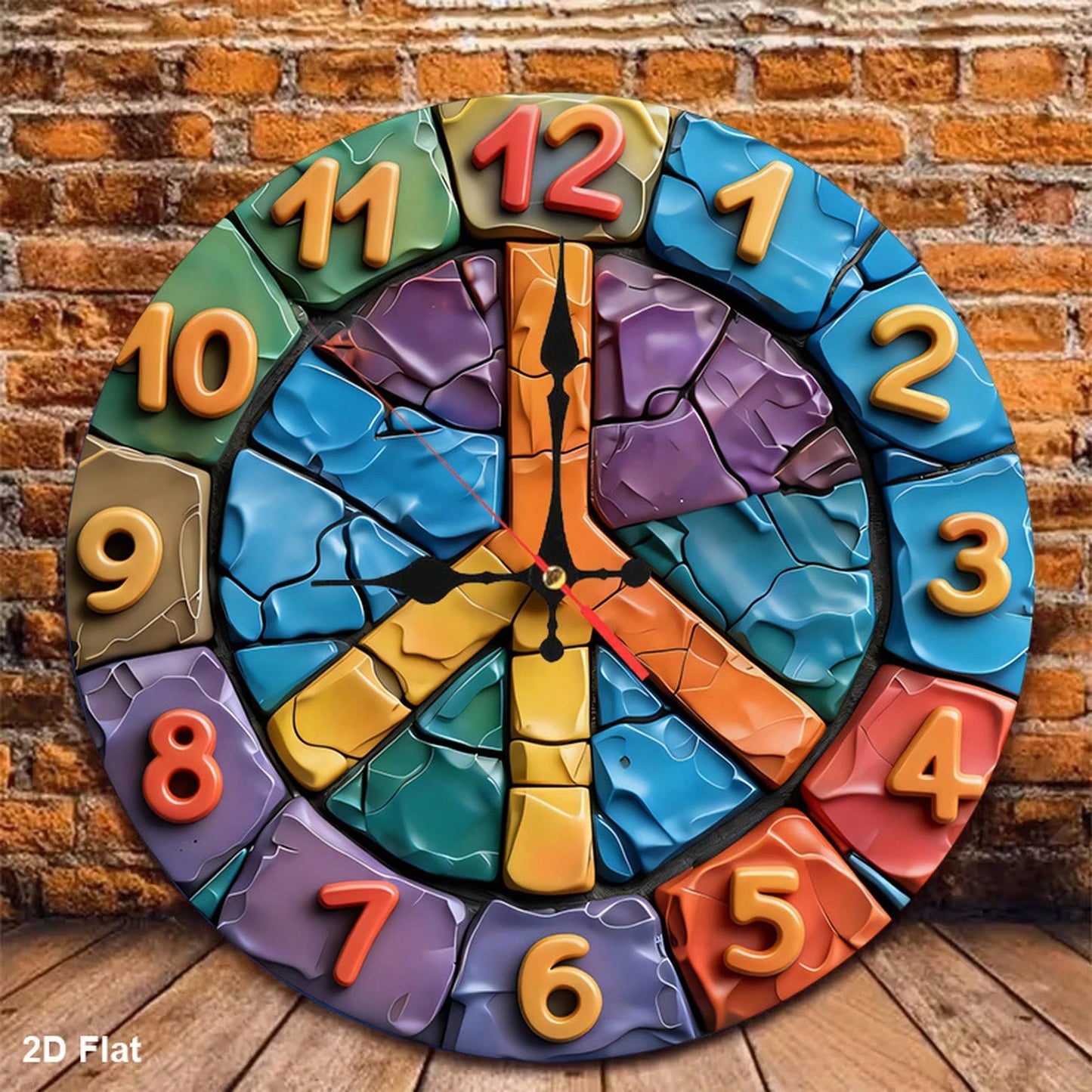 1Pc 2D Flat Colorful Peace Sign Print Wall Clock, 12Inch Silent Wooden Round Clock For Bedroom Living Room Office, Home Decor Gift, AA Battery