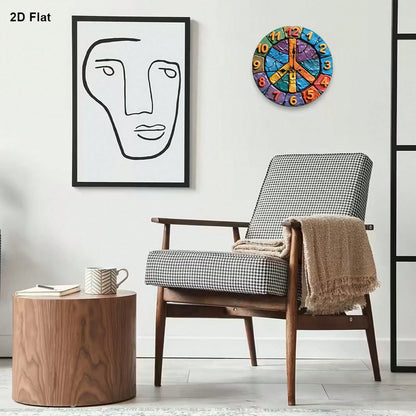 1Pc 2D Flat Colorful Peace Sign Print Wall Clock, 12Inch Silent Wooden Round Clock For Bedroom Living Room Office, Home Decor Gift, AA Battery