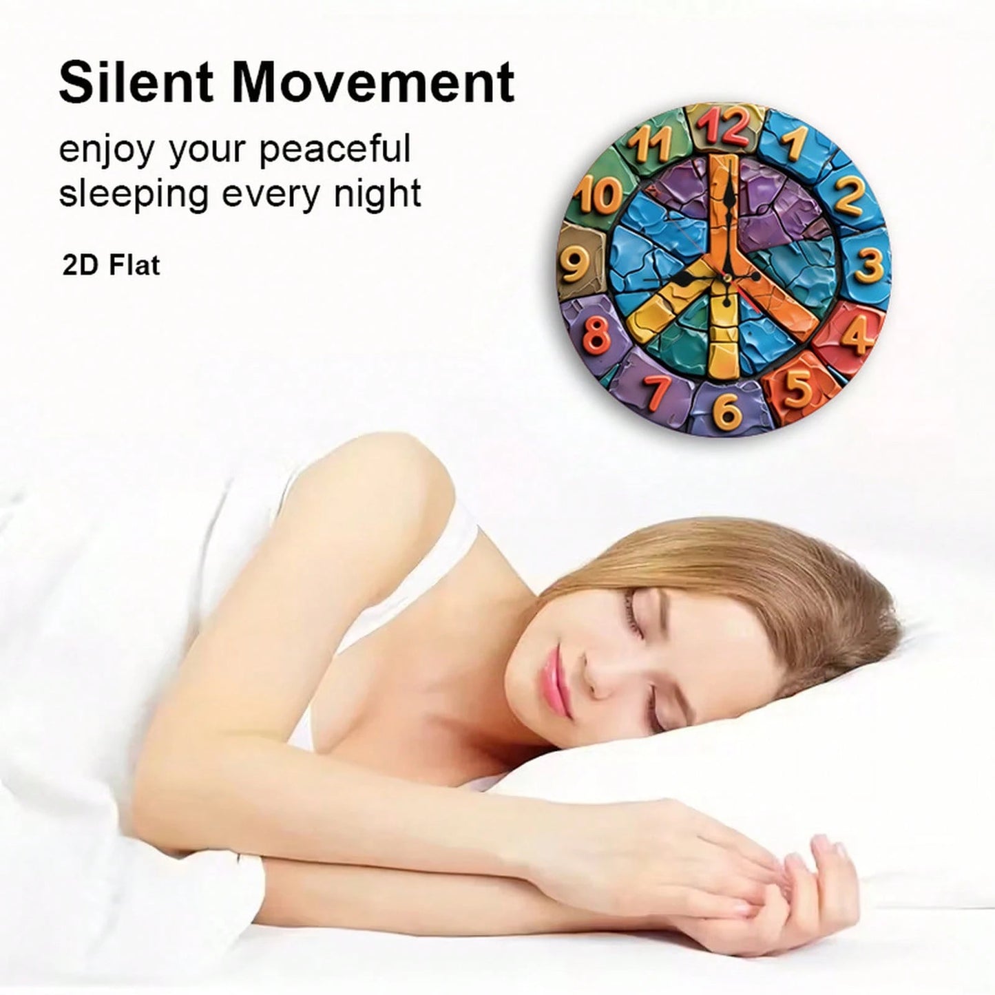 1Pc 2D Flat Colorful Peace Sign Print Wall Clock, 12Inch Silent Wooden Round Clock For Bedroom Living Room Office, Home Decor Gift, AA Battery