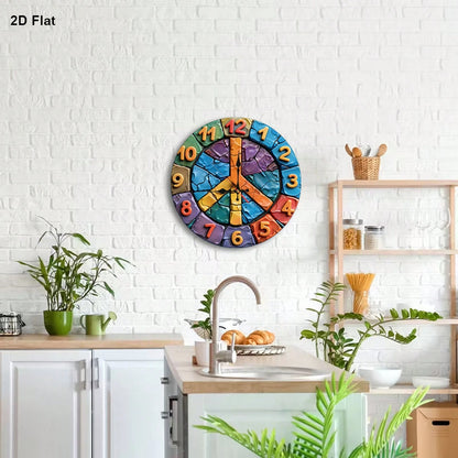 1Pc 2D Flat Colorful Peace Sign Print Wall Clock, 12Inch Silent Wooden Round Clock For Bedroom Living Room Office, Home Decor Gift, AA Battery