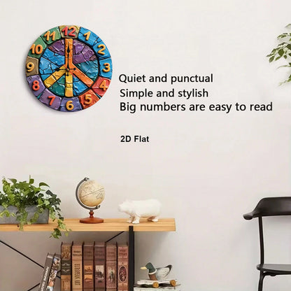 1Pc 2D Flat Colorful Peace Sign Print Wall Clock, 12Inch Silent Wooden Round Clock For Bedroom Living Room Office, Home Decor Gift, AA Battery