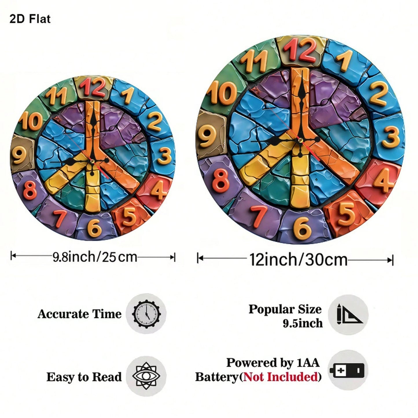 1Pc 2D Flat Colorful Peace Sign Print Wall Clock, 12Inch Silent Wooden Round Clock For Bedroom Living Room Office, Home Decor Gift, AA Battery