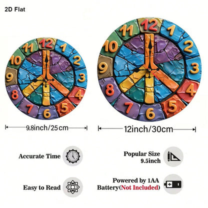 1Pc 2D Flat Colorful Peace Sign Print Wall Clock, 12Inch Silent Wooden Round Clock For Bedroom Living Room Office, Home Decor Gift, AA Battery