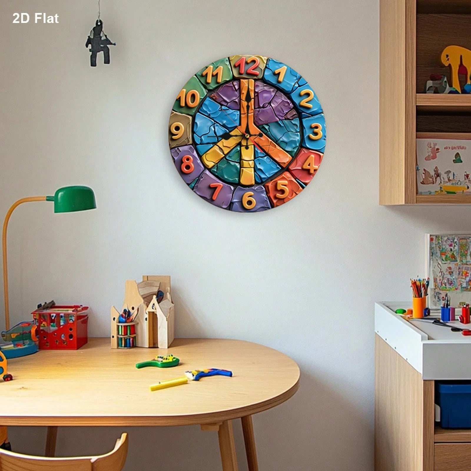 1Pc 2D Flat Colorful Peace Sign Print Wall Clock, 12Inch Silent Wooden Round Clock For Bedroom Living Room Office, Home Decor Gift, AA Battery