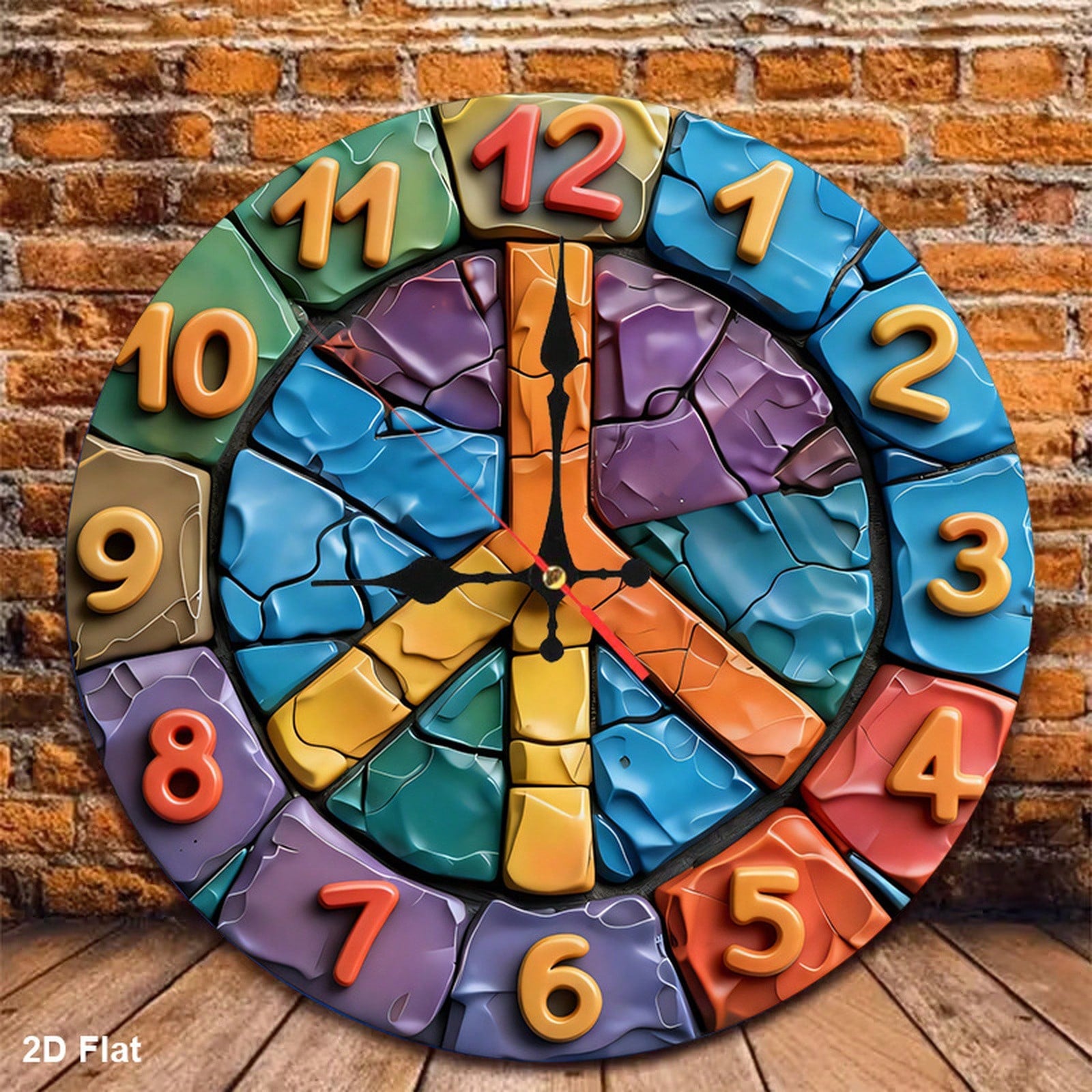 1Pc 2D Flat Colorful Peace Sign Print Wall Clock, 12Inch Silent Wooden Round Clock For Bedroom Living Room Office, Home Decor Gift, AA Battery