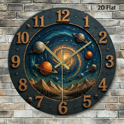1Pc 2D Flat Galaxy Universe Stars Planets Print Wall Clock, 12Inch Silent Wooden Round Clock For Nursery Bedroom Kitchen Office
