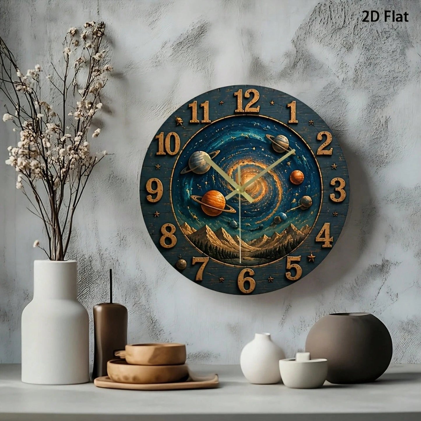 1Pc 2D Flat Galaxy Universe Stars Planets Print Wall Clock, 12Inch Silent Wooden Round Clock For Nursery Bedroom Kitchen Office