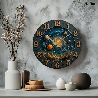 1Pc 2D Flat Galaxy Universe Stars Planets Print Wall Clock, 12Inch Silent Wooden Round Clock For Nursery Bedroom Kitchen Office