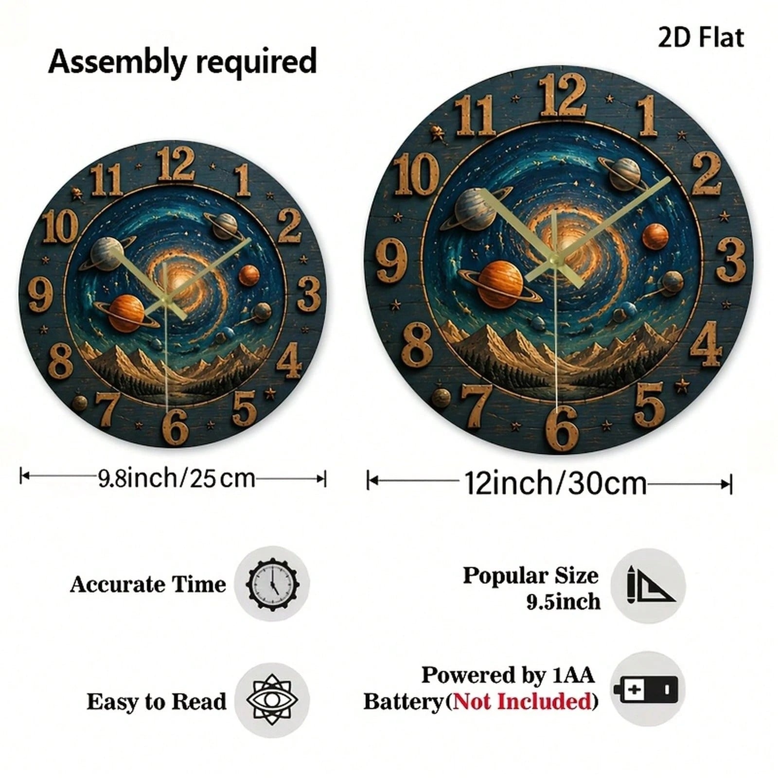 1Pc 2D Flat Galaxy Universe Stars Planets Print Wall Clock, 12Inch Silent Wooden Round Clock For Nursery Bedroom Kitchen Office