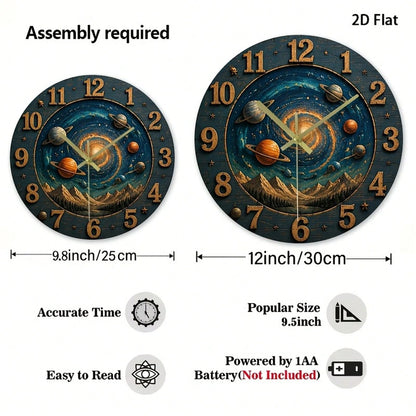 1Pc 2D Flat Galaxy Universe Stars Planets Print Wall Clock, 12Inch Silent Wooden Round Clock For Nursery Bedroom Kitchen Office