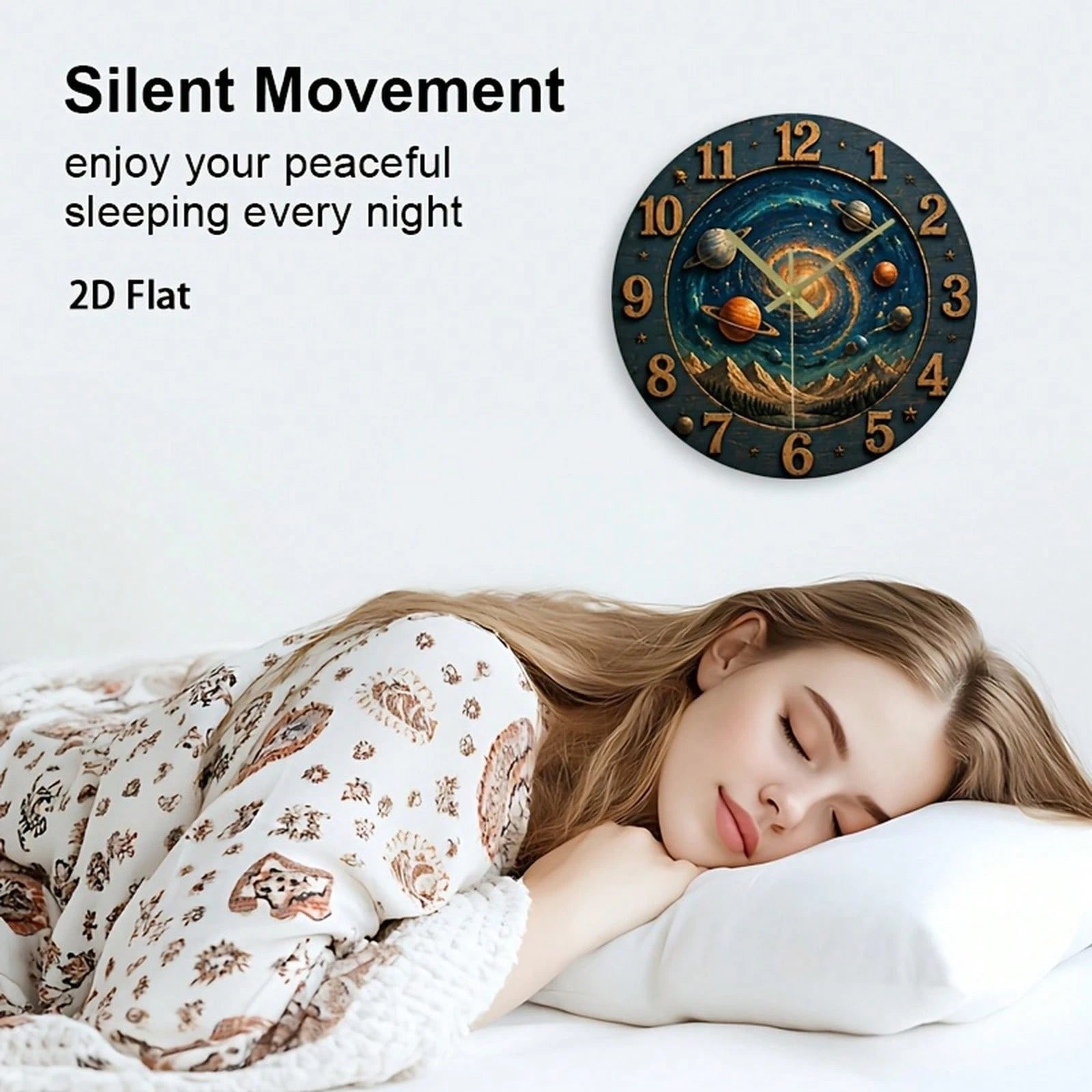 1Pc 2D Flat Galaxy Universe Stars Planets Print Wall Clock, 12Inch Silent Wooden Round Clock For Nursery Bedroom Kitchen Office