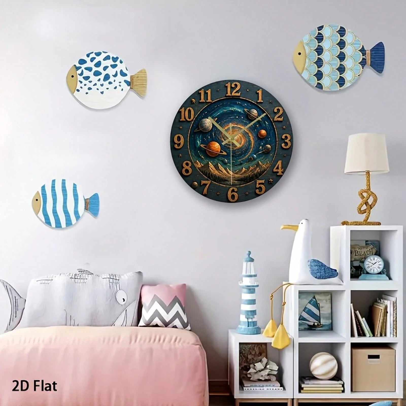 1Pc 2D Flat Galaxy Universe Stars Planets Print Wall Clock, 12Inch Silent Wooden Round Clock For Nursery Bedroom Kitchen Office