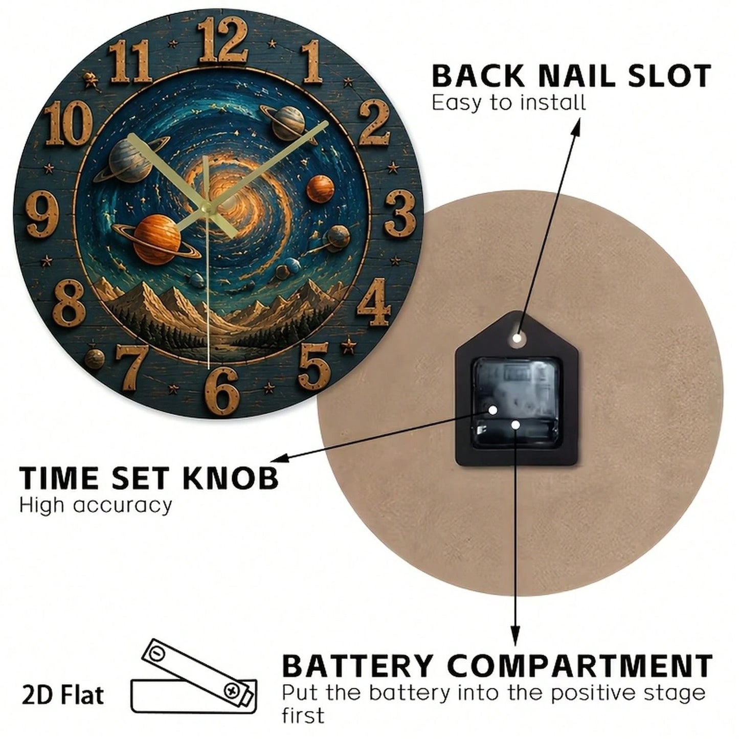 1Pc 2D Flat Galaxy Universe Stars Planets Print Wall Clock, 12Inch Silent Wooden Round Clock For Nursery Bedroom Kitchen Office
