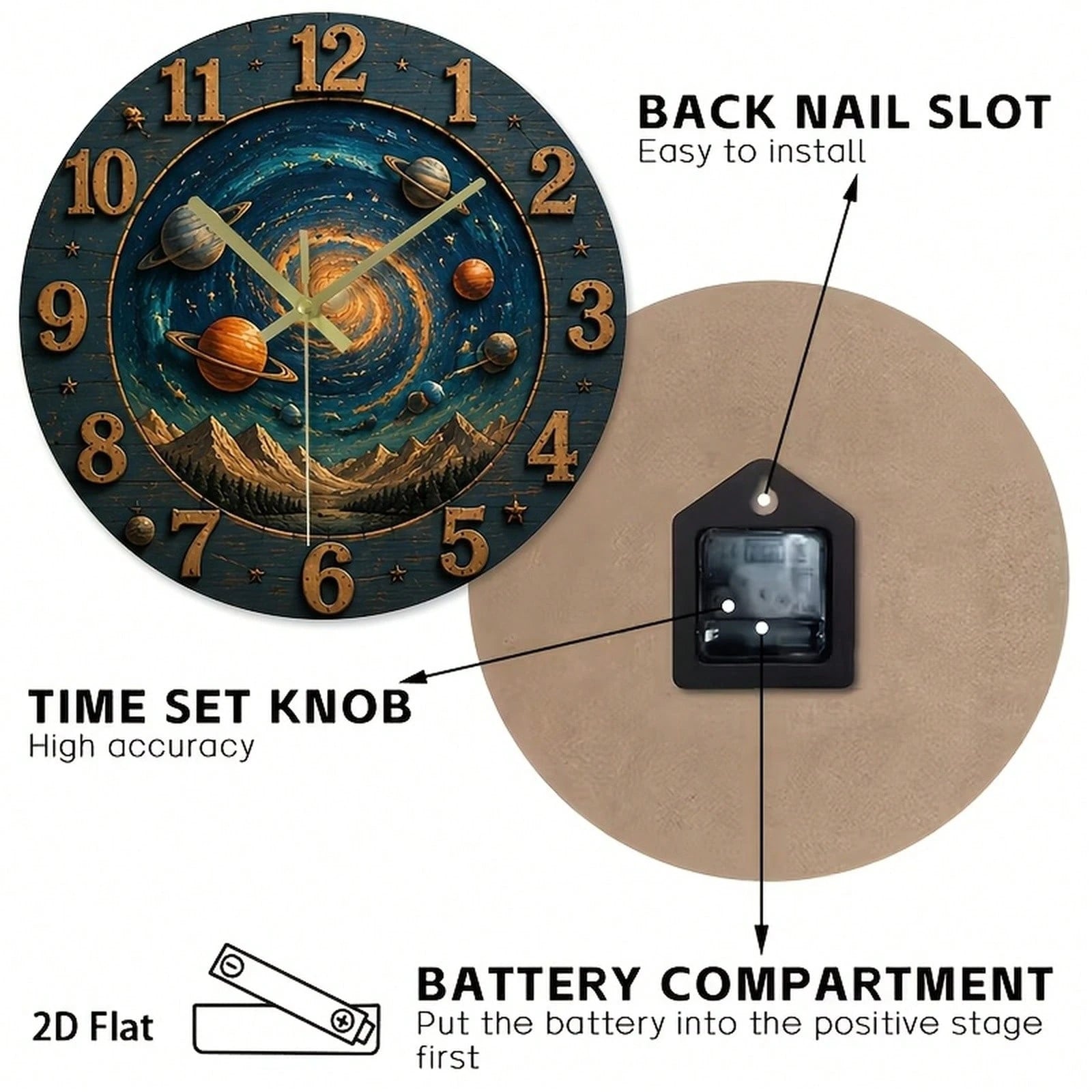 1Pc 2D Flat Galaxy Universe Stars Planets Print Wall Clock, 12Inch Silent Wooden Round Clock For Nursery Bedroom Kitchen Office